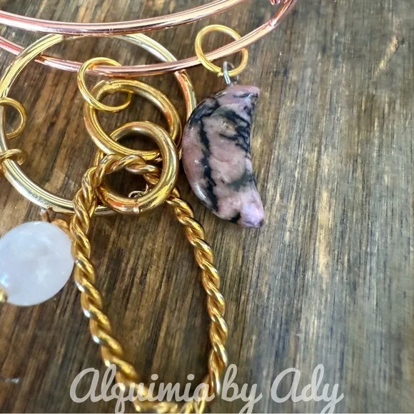 RHODONITE MOON PINK QUARTZ GOLD BANGLE BRACELET